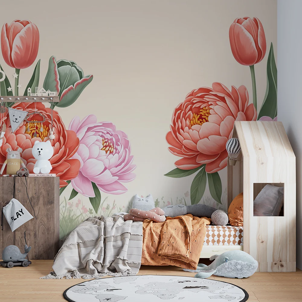 Nursery room wallpaper | Delicate flowers and tulips pastel garden