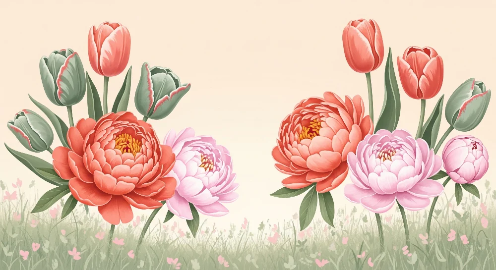 Nursery room wallpaper | Delicate flowers and tulips pastel garden