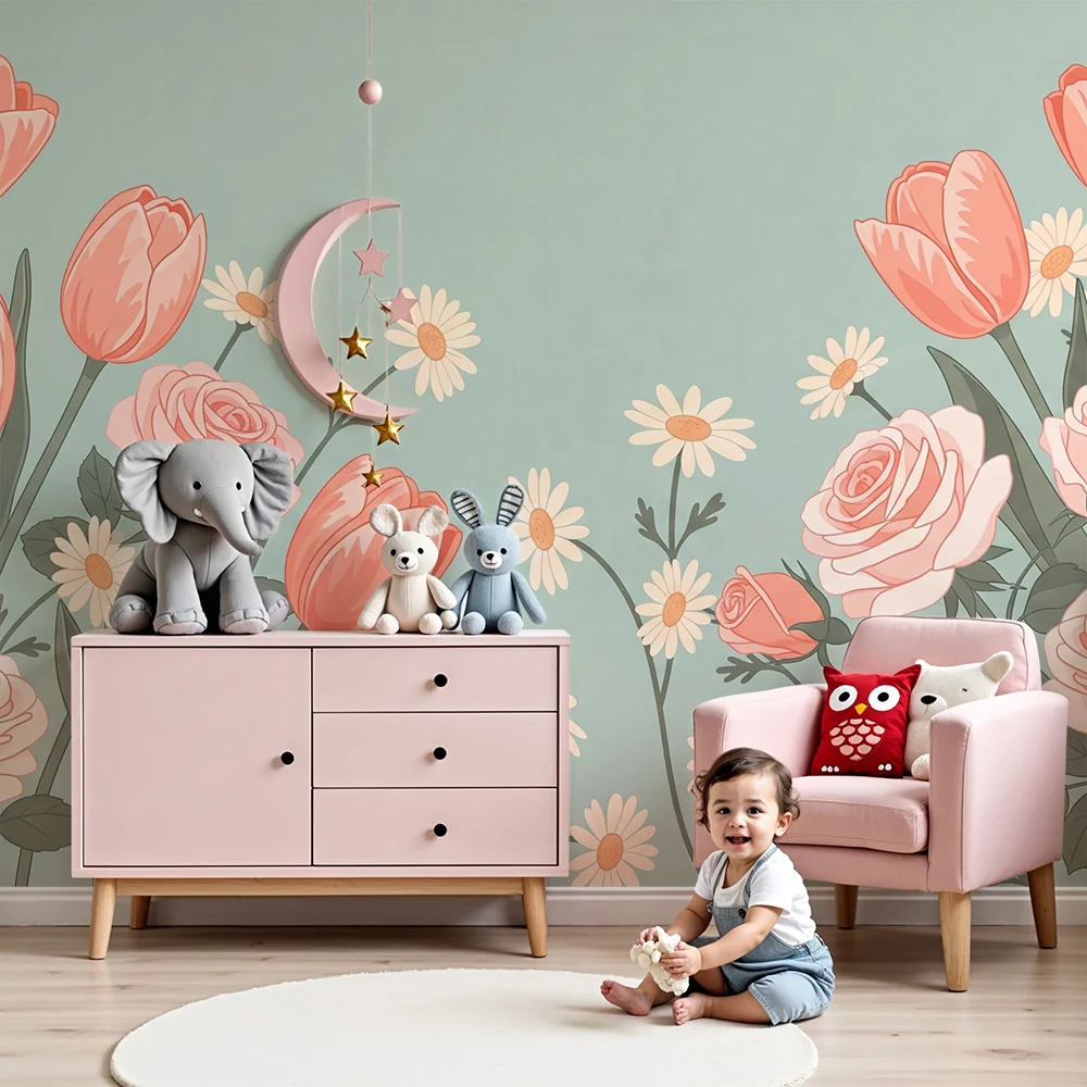 Nursery room wallpaper | Delicate flowers and tulips on pastel background