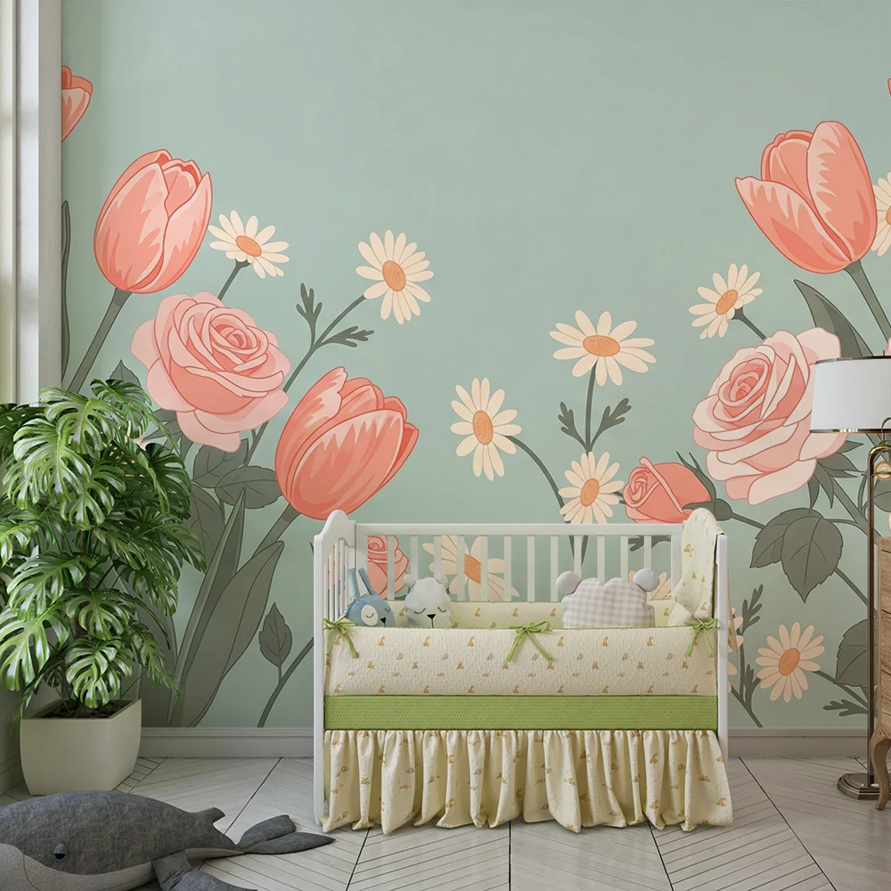 Nursery room wallpaper | Delicate flowers and tulips on pastel background