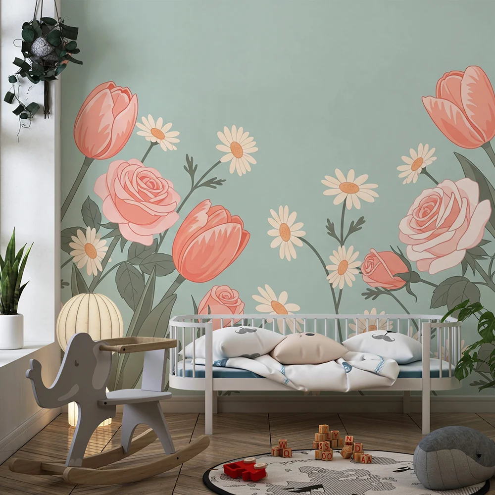 Nursery room wallpaper | Delicate flowers and tulips on pastel background