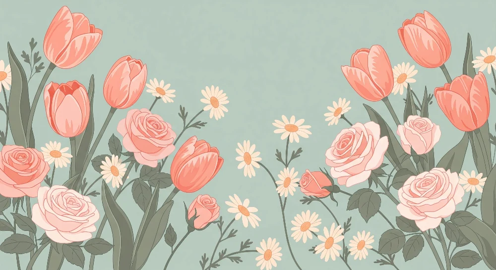 Nursery room wallpaper | Delicate flowers and tulips on pastel background