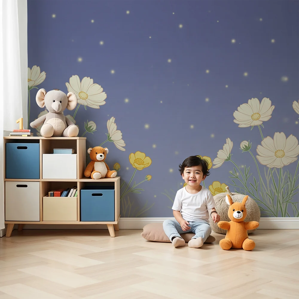 Nursery room wallpaper | Delicate flowers under starry sky