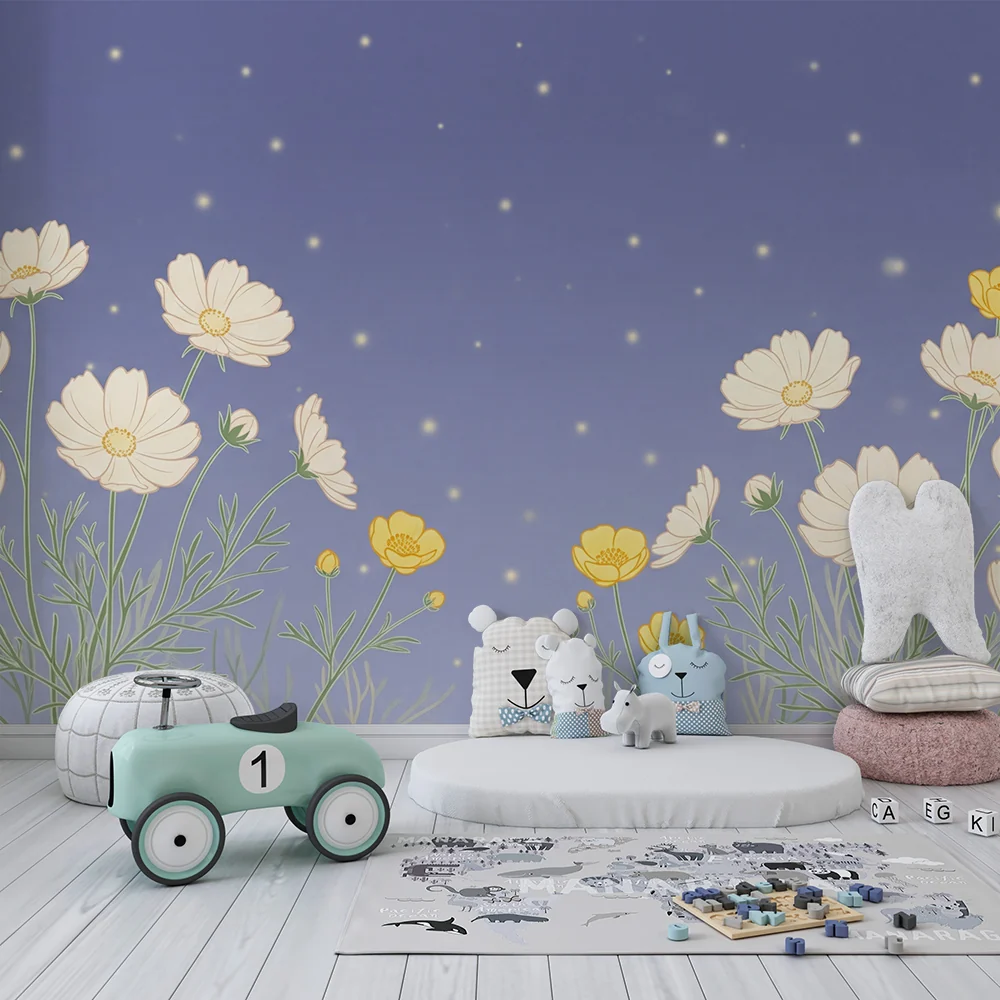 Nursery room wallpaper | Delicate flowers under starry sky