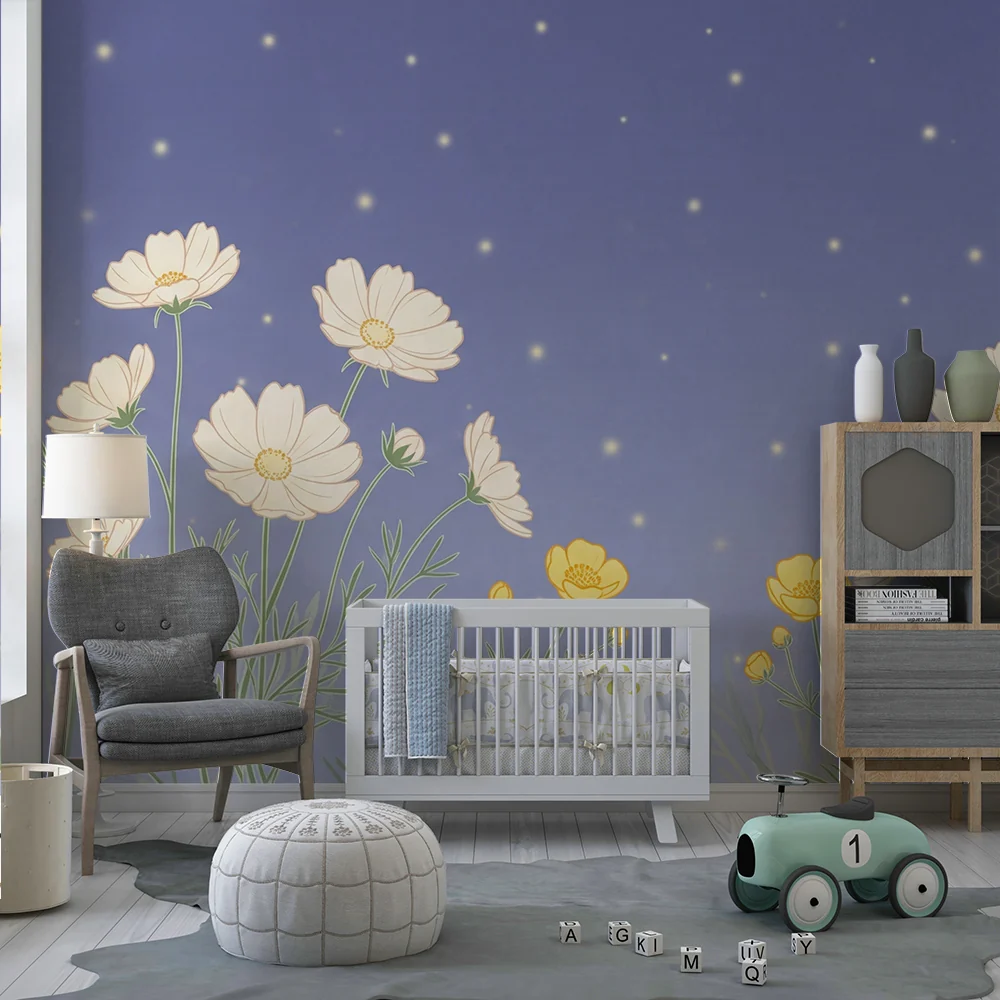 Nursery room wallpaper | Delicate flowers under starry sky