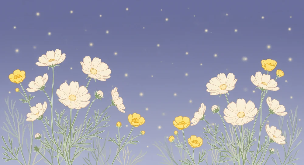 Nursery room wallpaper | Delicate flowers under starry sky