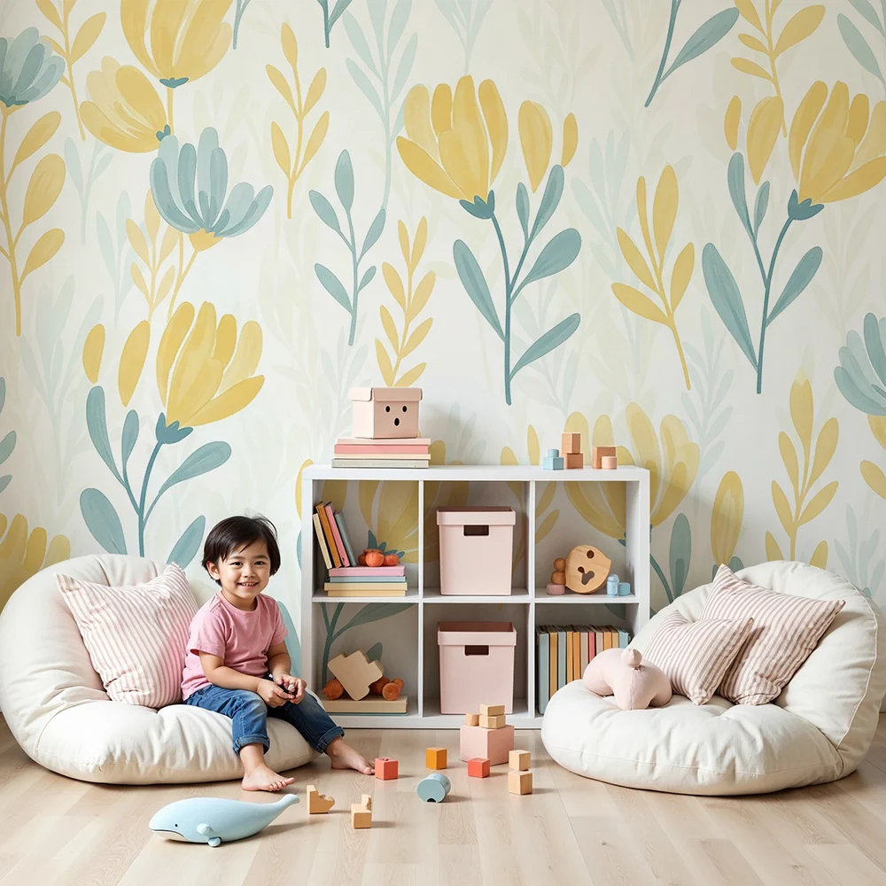 Nursery room wallpaper | Delicate flowers yellow and blue on light background