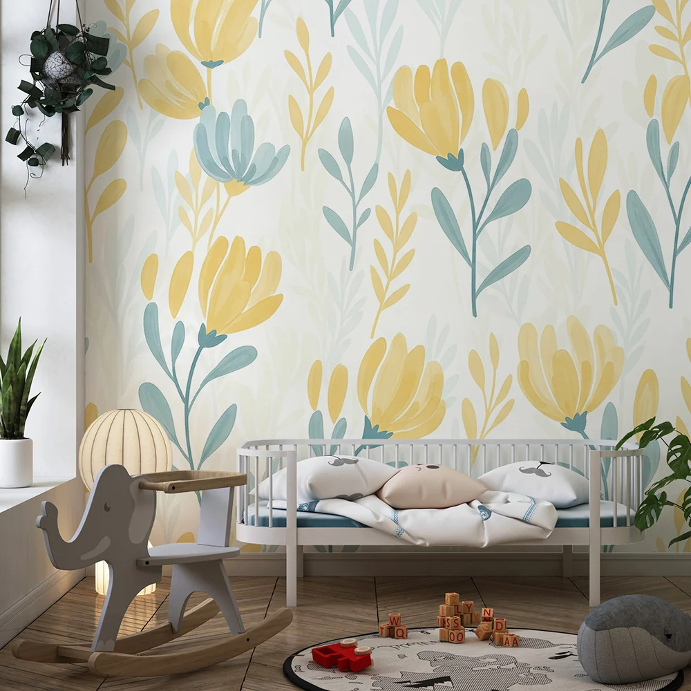 Nursery room wallpaper | Delicate flowers yellow and blue on light background