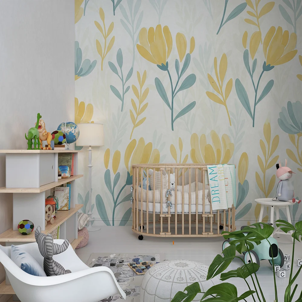 Nursery room wallpaper | Delicate flowers yellow and blue on light background