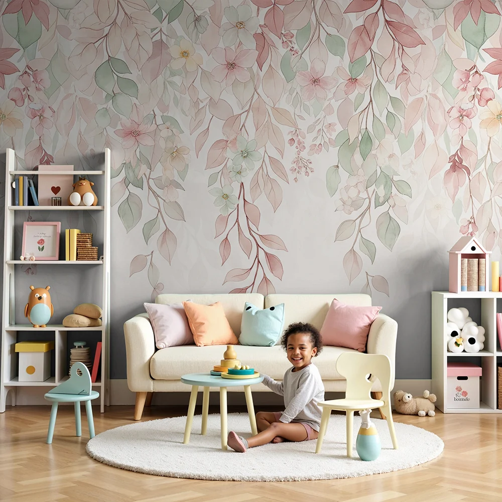Nursery room wallpaper | Delicate foliage and pastel flowers soft atmosphere