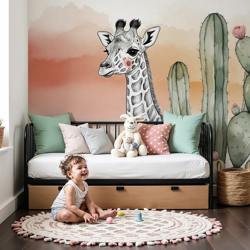 Nursery room wallpaper | Delicate giraffe and colorful cactus