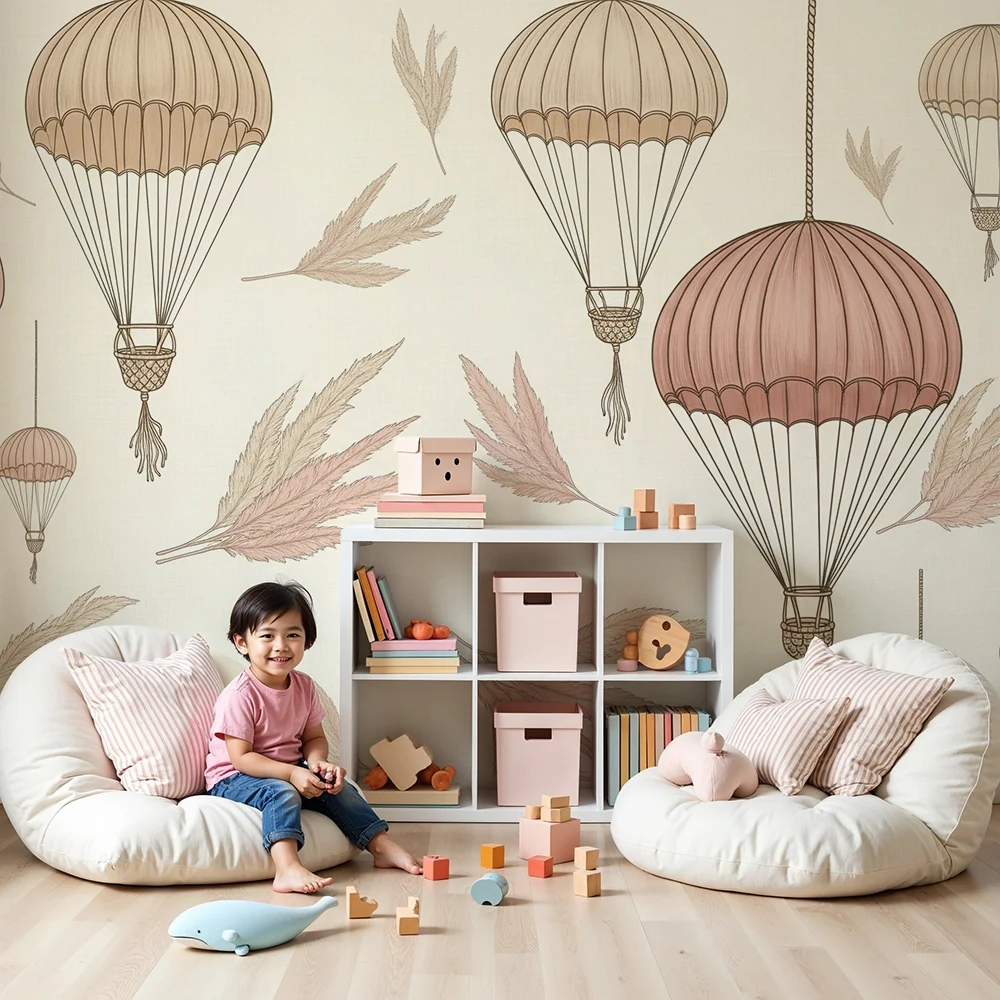 Nursery room wallpaper | Delicate hot air balloons and soft foliage