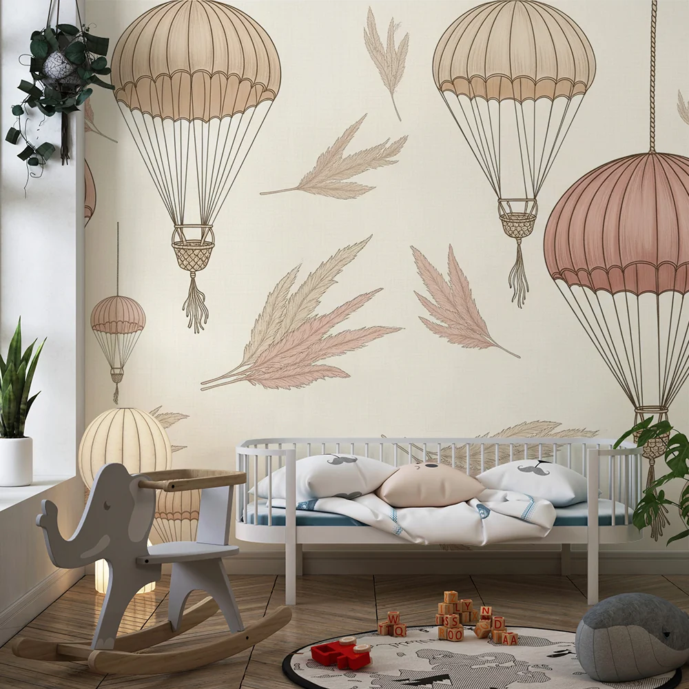 Nursery room wallpaper | Delicate hot air balloons and soft foliage