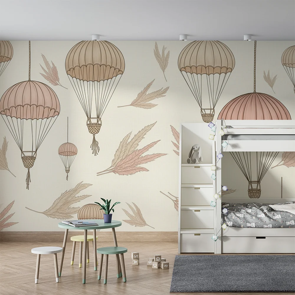 Nursery room wallpaper | Delicate hot air balloons and soft foliage
