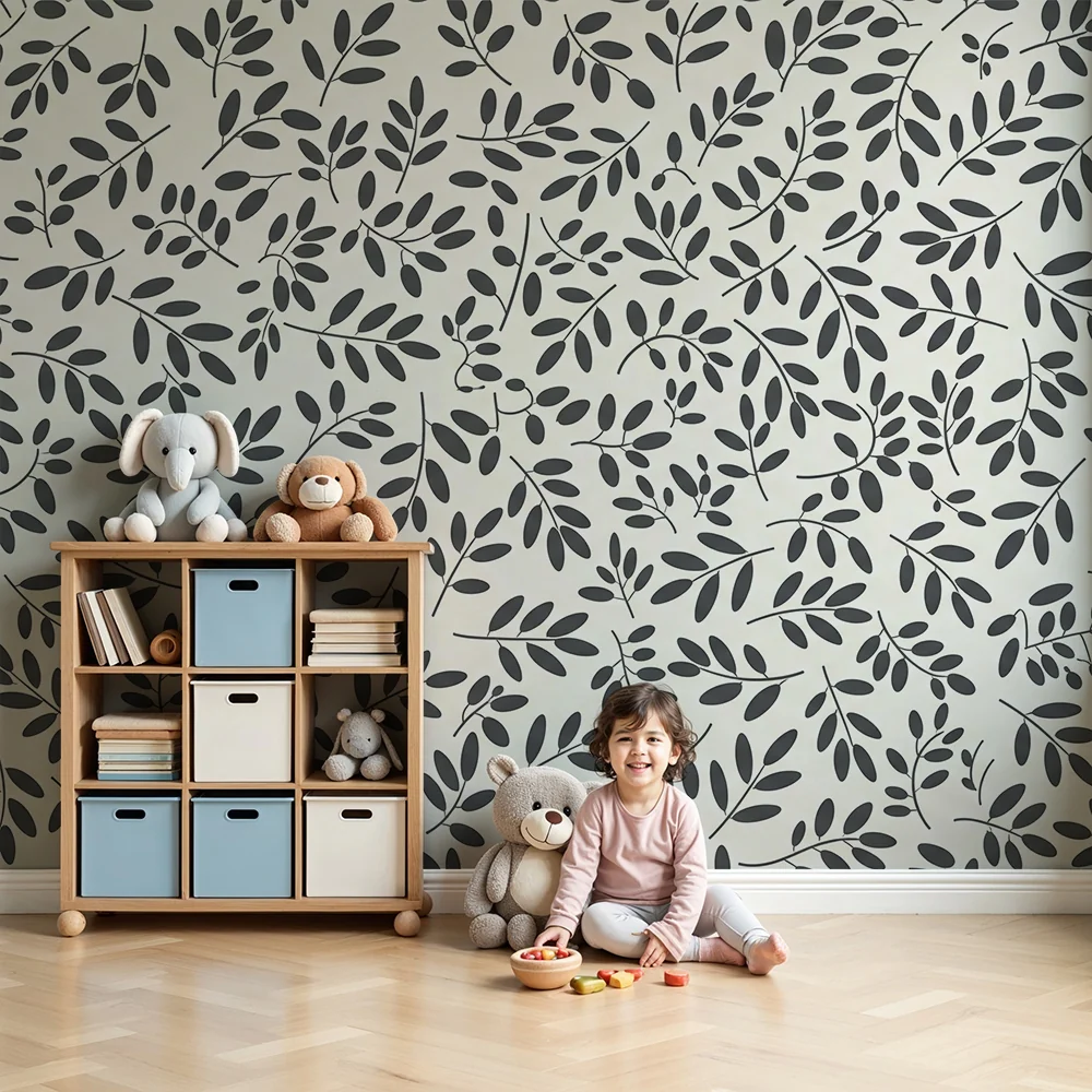 Nursery room wallpaper | Delicate leaves on light background