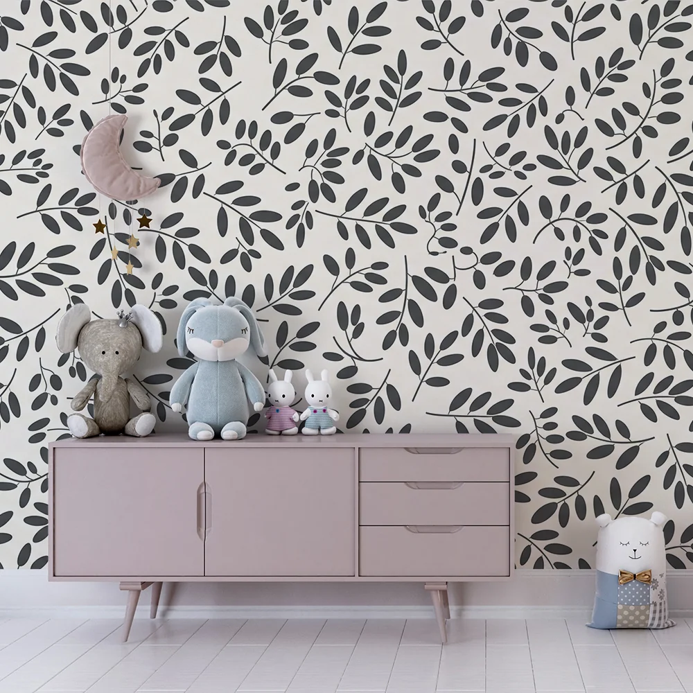 Nursery room wallpaper | Delicate leaves on light background