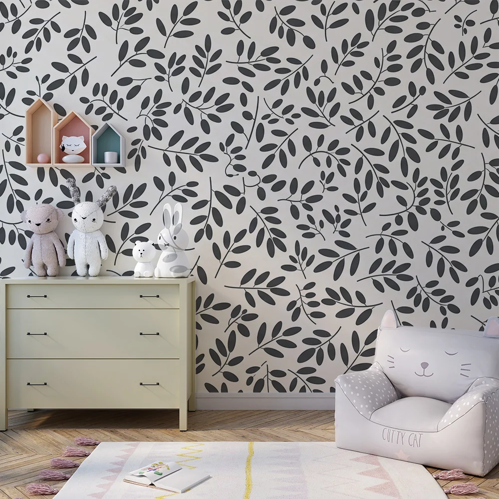 Nursery room wallpaper | Delicate leaves on light background