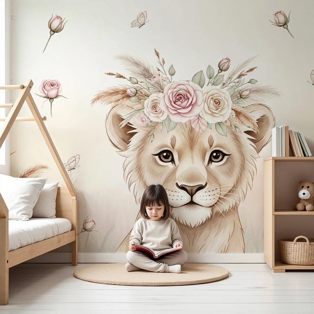 Nursery room wallpaper | Delicate lion cub flower crown and butterflies