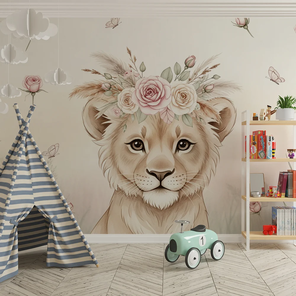 Nursery room wallpaper | Delicate lion cub flower crown and butterflies