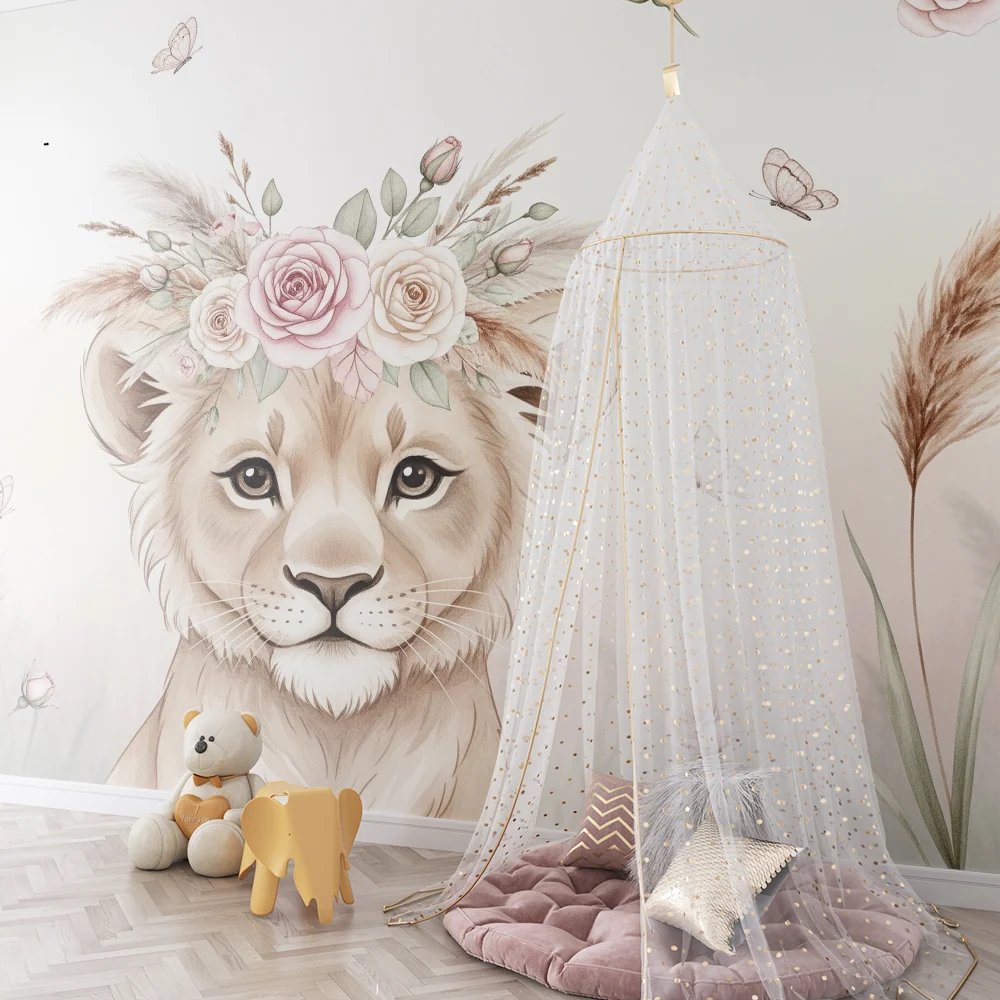 Nursery room wallpaper | Delicate lion cub flower crown and butterflies