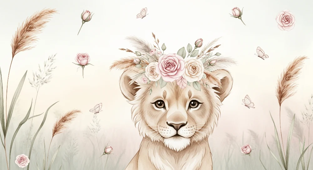 Nursery room wallpaper | Delicate lion cub flower crown and butterflies