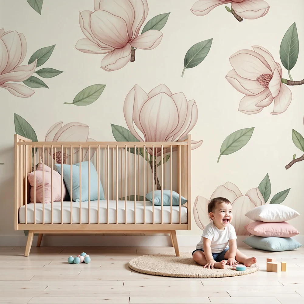 Nursery room wallpaper | Delicate magnolia flowers
