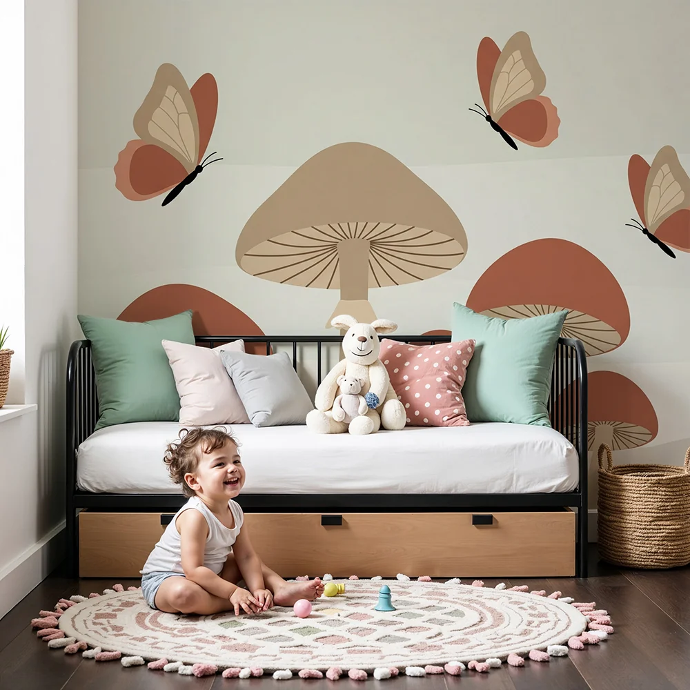 Nursery room wallpaper | Delicate mushrooms and butterflies