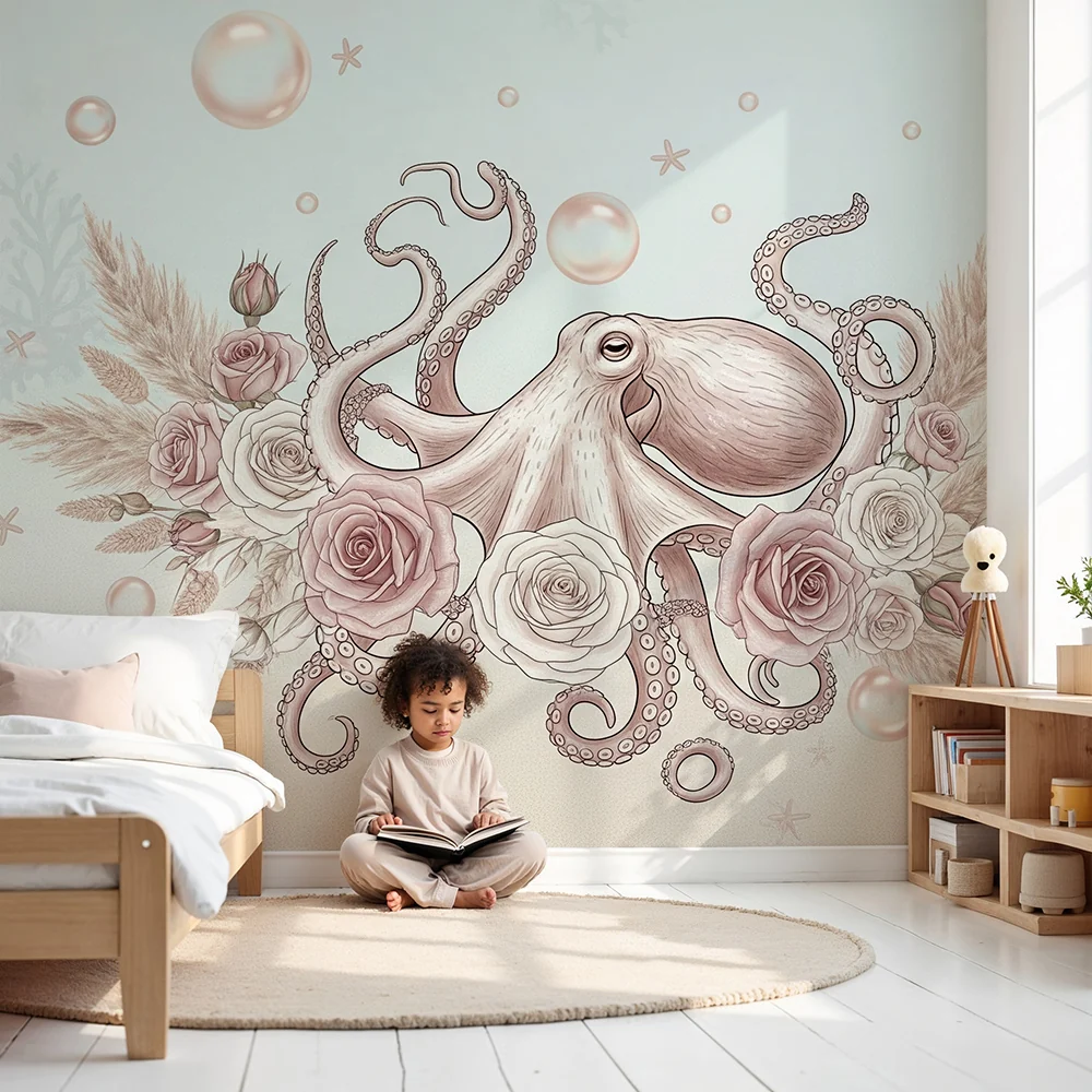 Nursery room wallpaper | Delicate octopus surrounded roses and sea bubbles