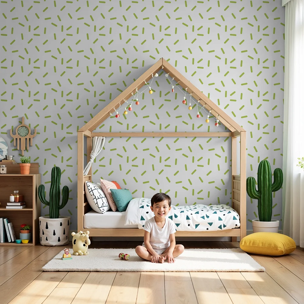 Nursery room wallpaper | Delicate pattern green lines on white background