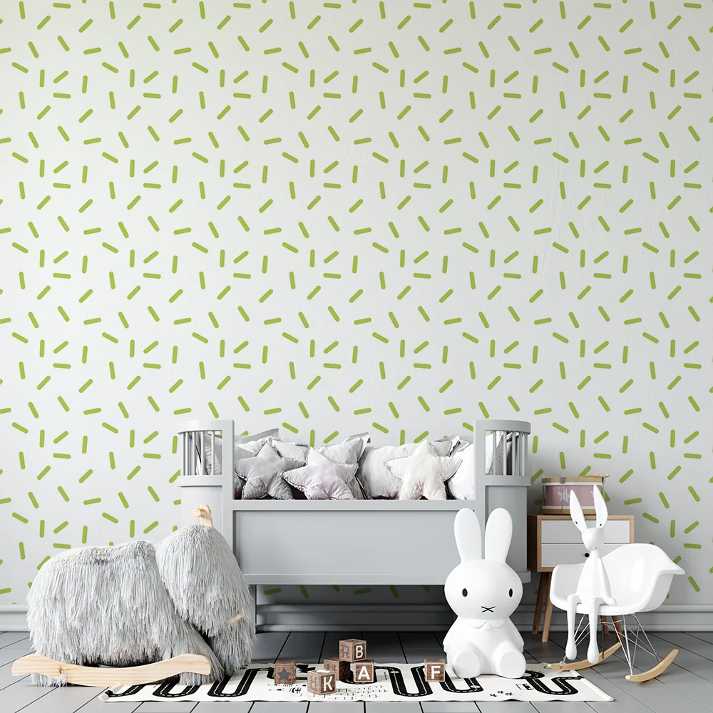 Nursery room wallpaper | Delicate pattern green lines on white background