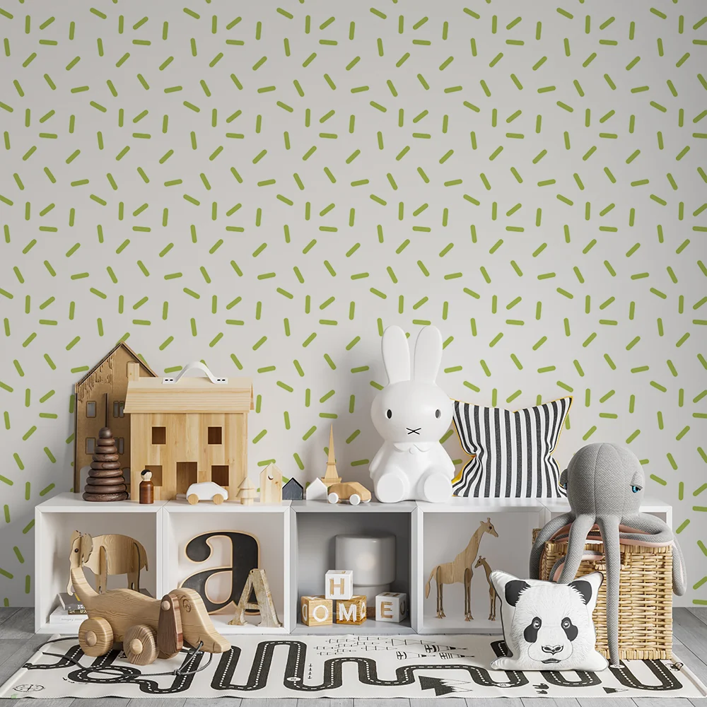 Nursery room wallpaper | Delicate pattern green lines on white background