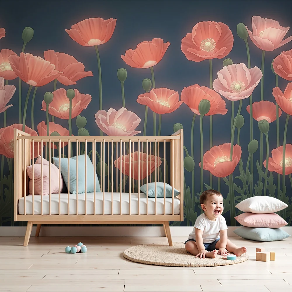Nursery room wallpaper | Delicate poppy fields