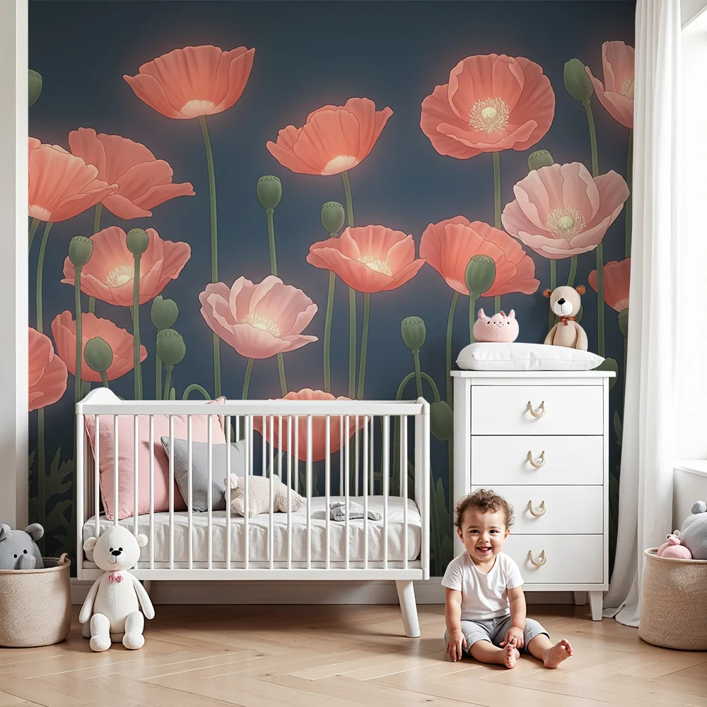 Nursery room wallpaper | Delicate poppy fields