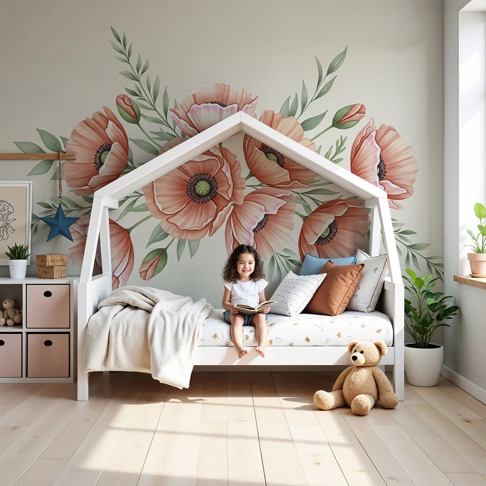 Nursery room wallpaper | Delicate poppy flowers