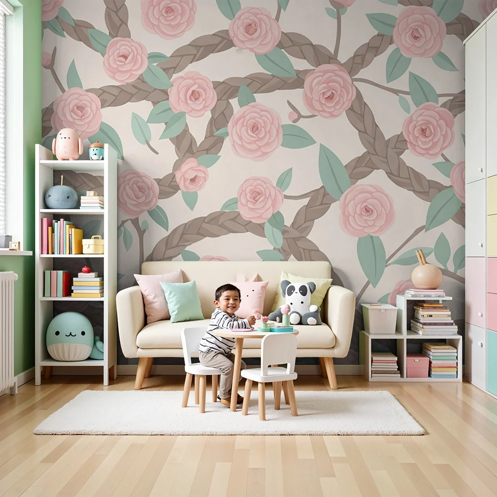 Nursery room wallpaper | Delicate roses and natural braids on soft background