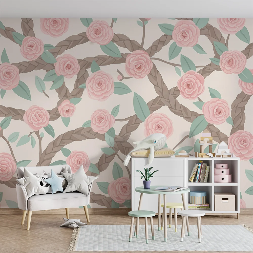 Nursery room wallpaper | Delicate roses and natural braids on soft background