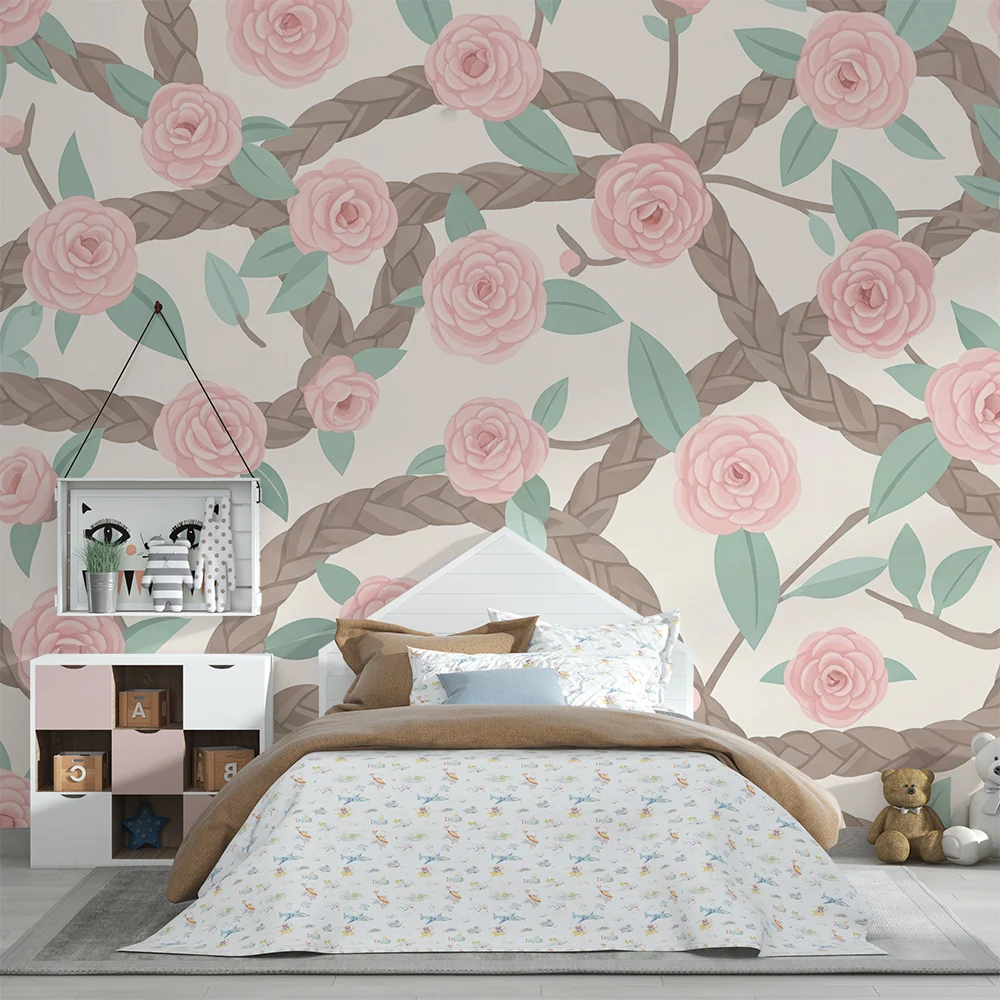 Nursery room wallpaper | Delicate roses and natural braids on soft background