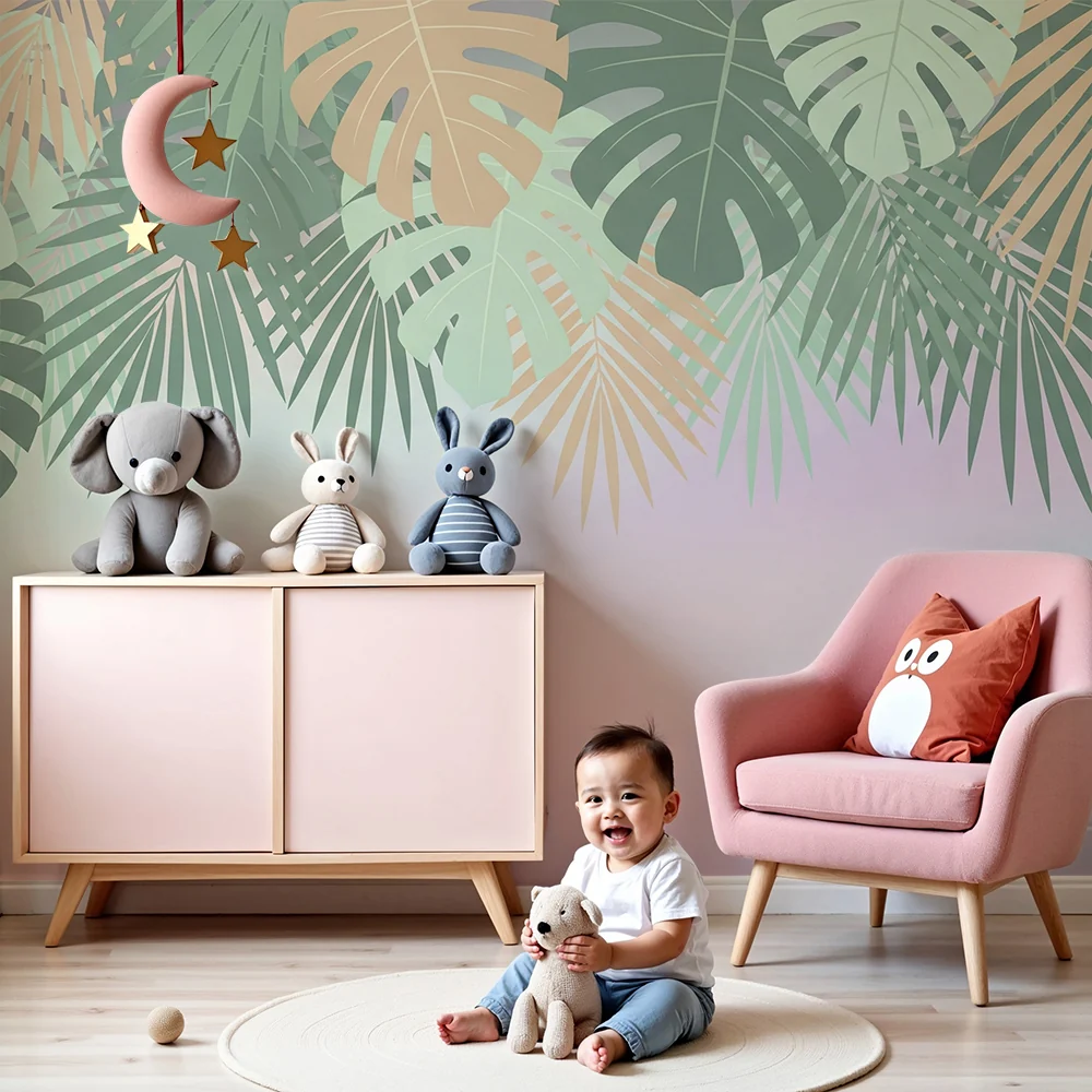 Nursery room wallpaper | Delicate tropical leaves