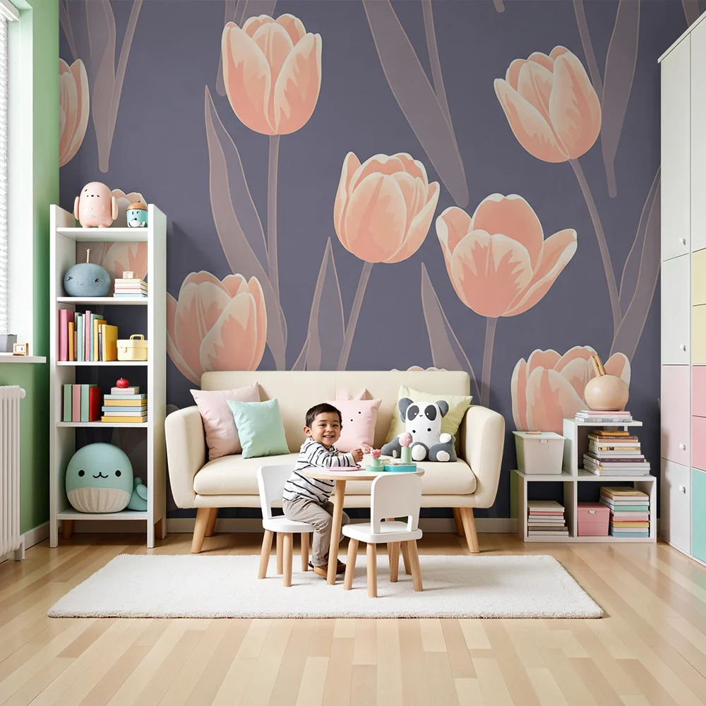 Nursery room wallpaper | Delicate tulips on gray background