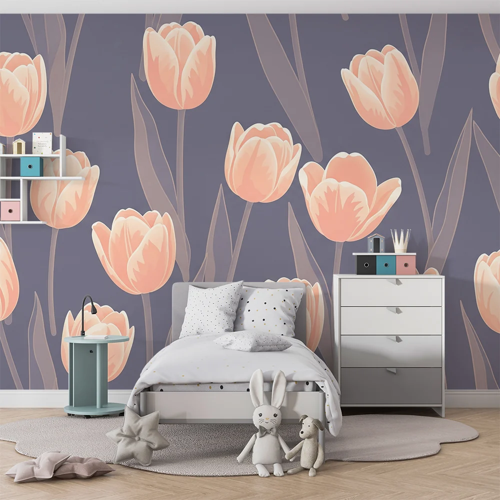Nursery room wallpaper | Delicate tulips on gray background