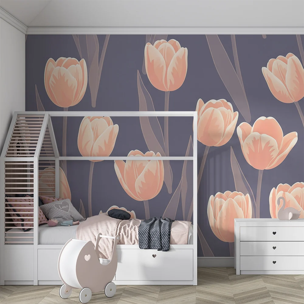 Nursery room wallpaper | Delicate tulips on gray background