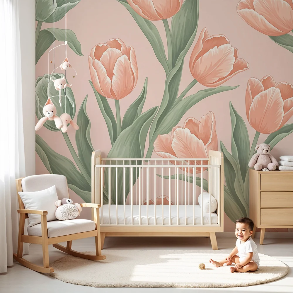 Nursery room wallpaper | Delicate tulips on pastel background