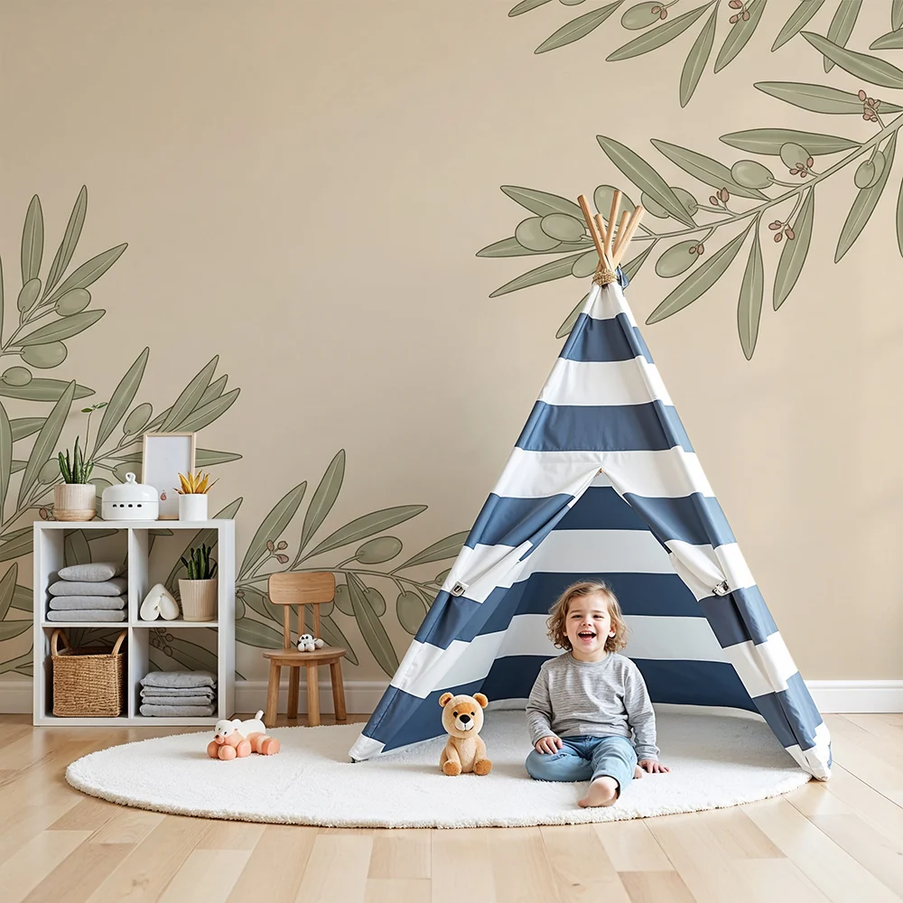 Nursery room wallpaper | Delikát olajfa levelek puha hátteren