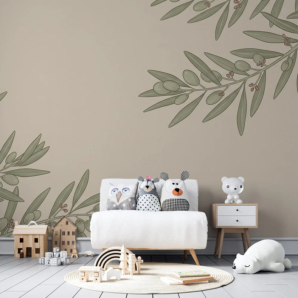 Nursery room wallpaper | Delikát olajfa levelek puha hátteren