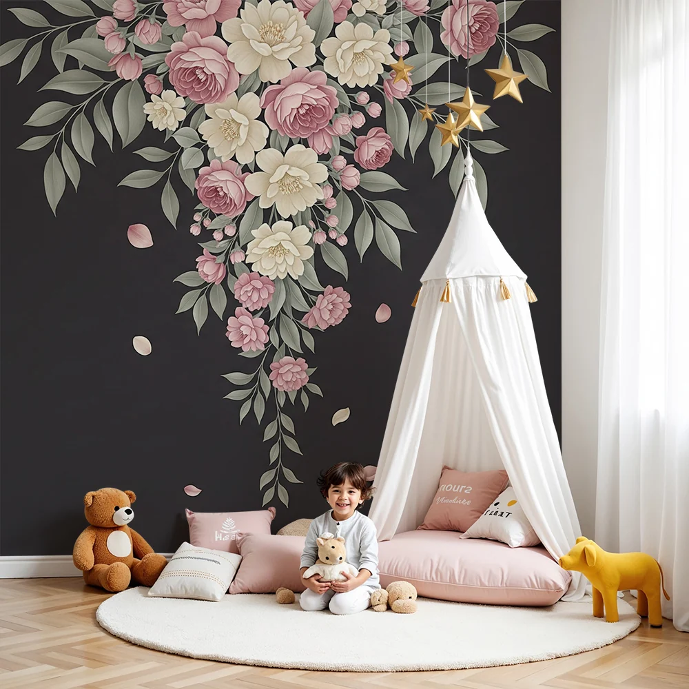 Nursery room wallpaper | Delikát virágcsokrok sötét háttéren