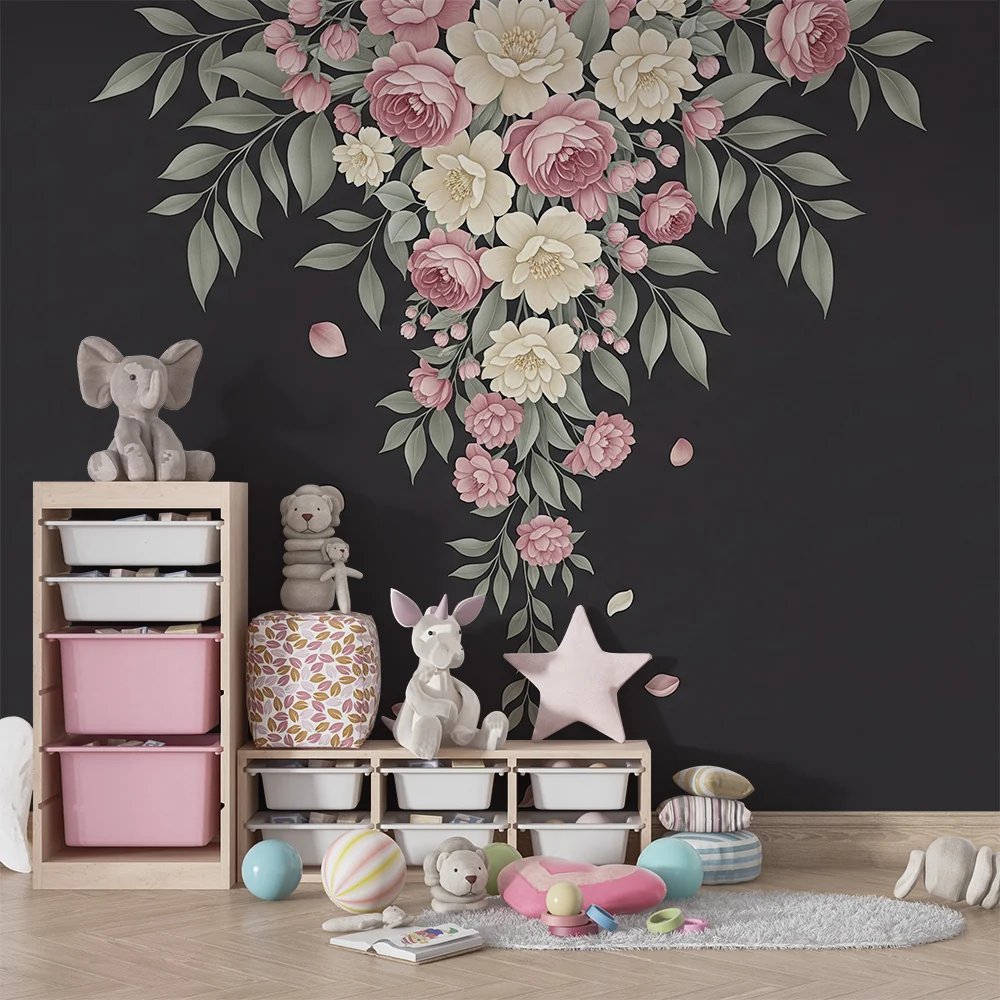 Nursery room wallpaper | Delikát virágcsokrok sötét háttéren