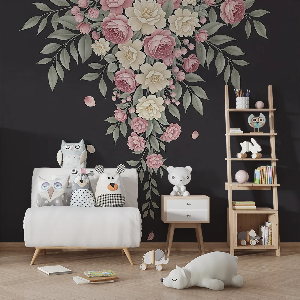 Nursery room wallpaper | Delikát virágcsokrok sötét háttéren