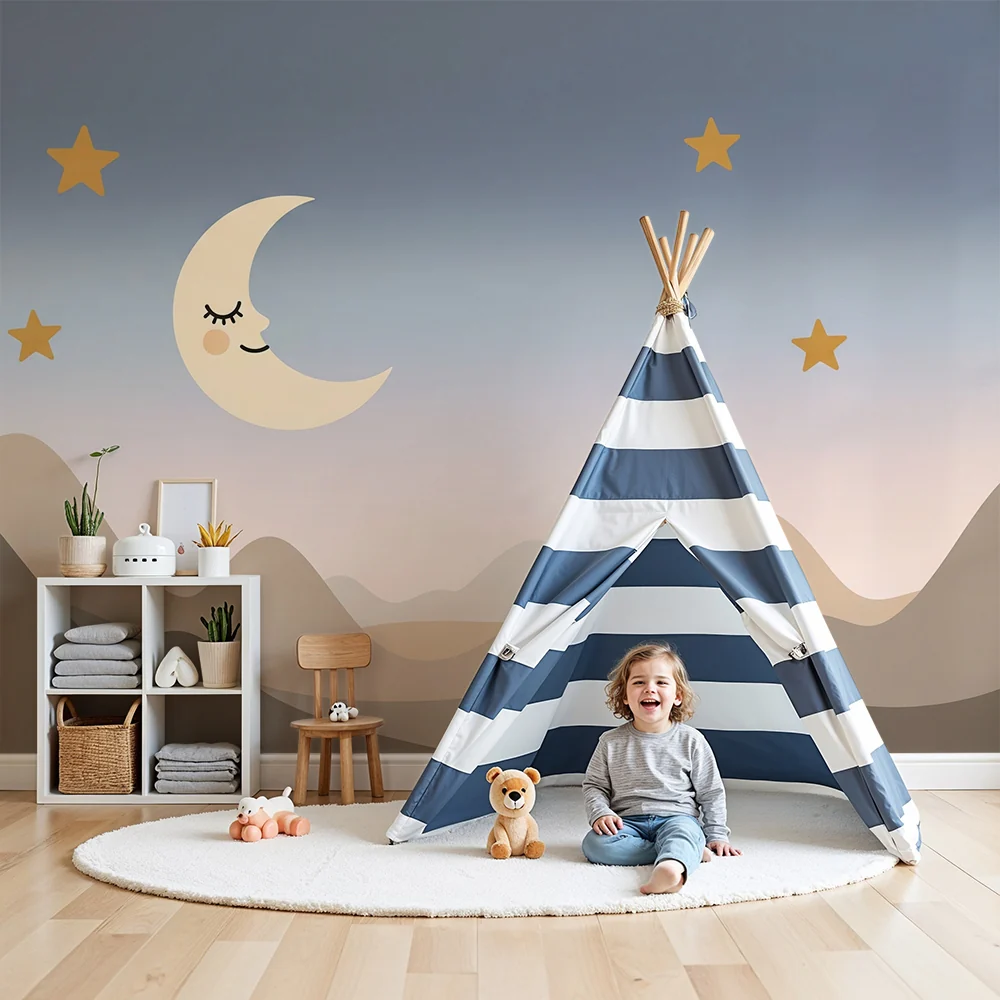 Nursery room wallpaper | Édes csillagos éjszaka mosolygó holdakkal