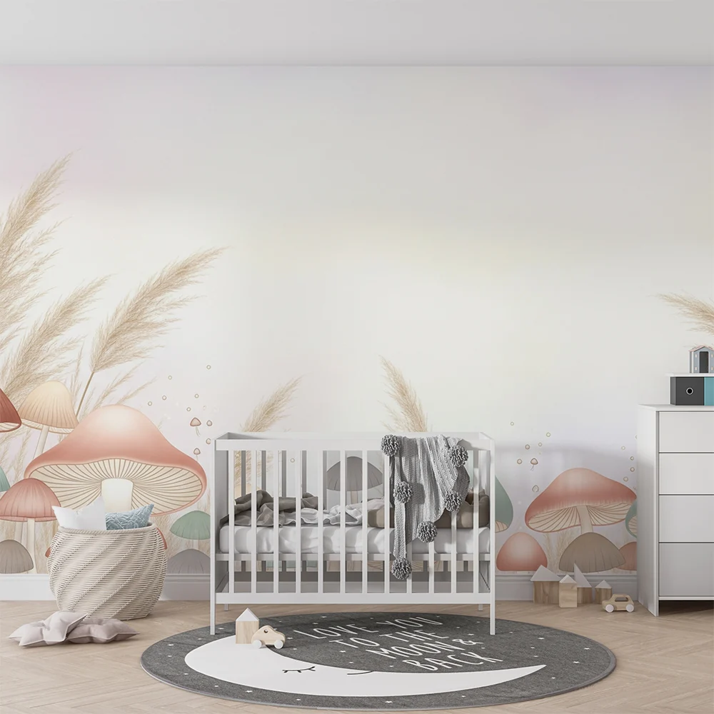 Nursery room wallpaper | Édes gombák és finom fűszernövények pasztell árnyalatokban