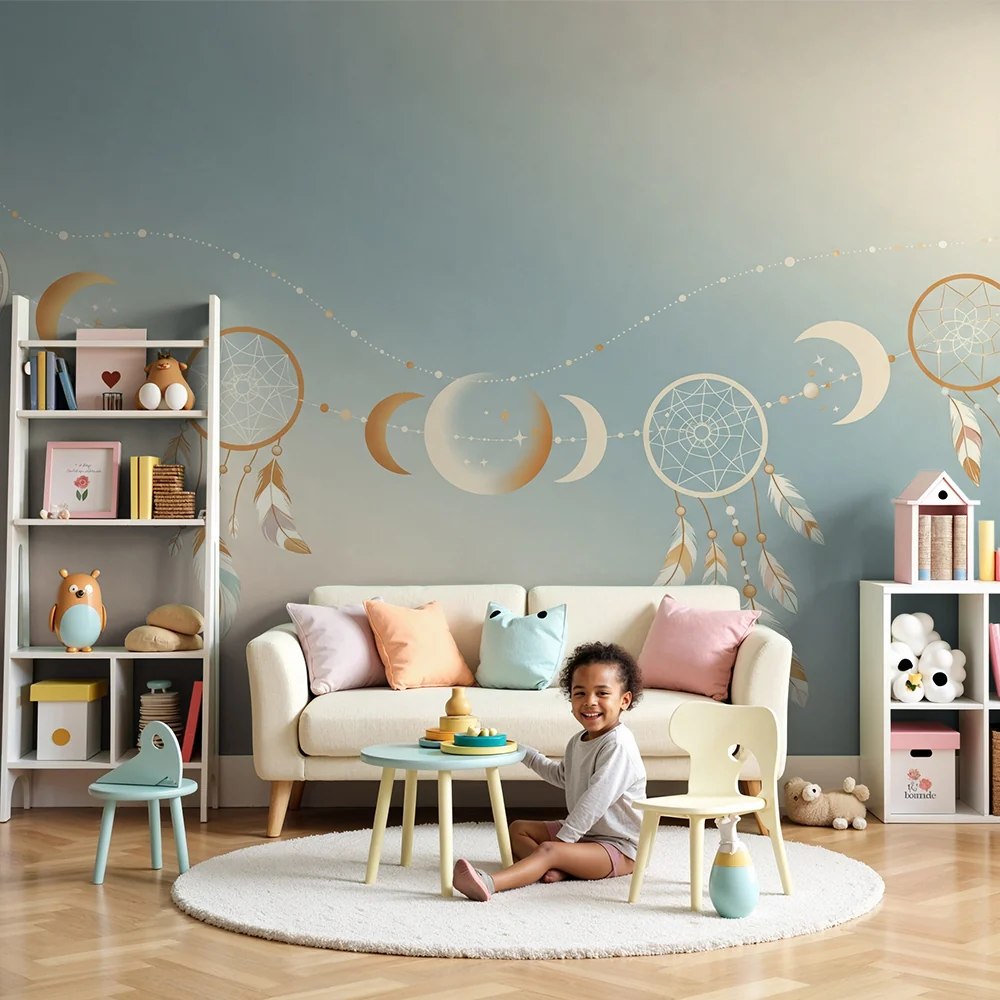 Nursery room wallpaper | Dream catchers and golden moons on pastel background